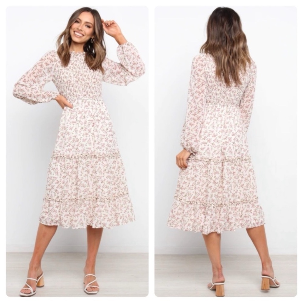 Petal & Pup Cream Valente Tiered Floral Midi Dress (Size 2)